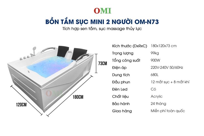 Kích Thước Bể Sục Jacuzzi OMI OM-N73 